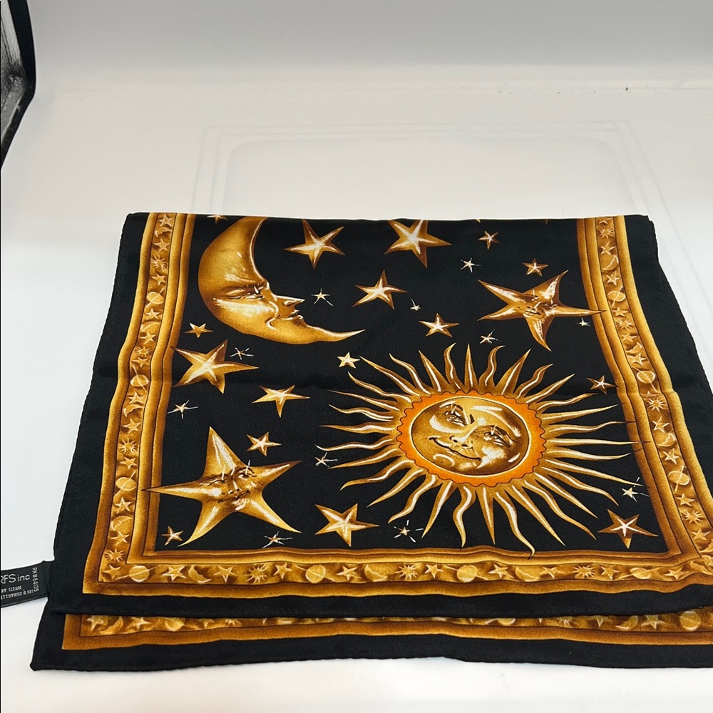 Casca 100% Silk Celestial Scarf – Sun Moon Stars – Black & Gold